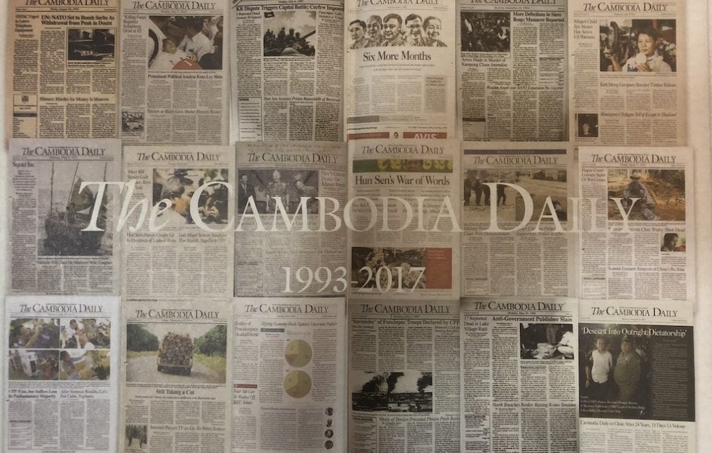 A collage of Cambodia Daily front-pages, which was included as a special cover of the final issue, published on September 4, 2019 (VOD)